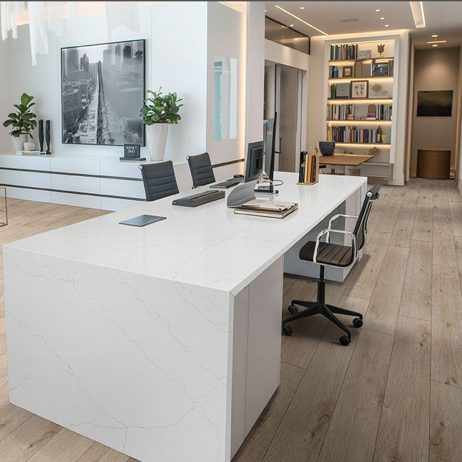 White Quartz Countertop with a Waterfall Edge